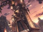  bad_id bad_pixiv_id brown_hair city cloud copyright_request dutch_angle fantasy katana lamppost multiple_girls short_hair sky smirk staff sword teikoku_shounen twilight weapon 