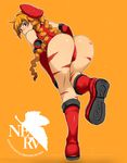  ass bad_id bad_pixiv_id beret cammy_white cammy_white_(cosplay) cosplay hat kosame_daizu leotard long_hair looking_back neon_genesis_evangelion nerv orange_hair rebuild_of_evangelion red_leotard shikinami_asuka_langley solo souryuu_asuka_langley street_fighter 