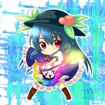  bad_id bad_pixiv_id blue_hair chibi food fruit hat hinanawi_tenshi long_hair peach red_eyes sadomochi solo sword sword_of_hisou touhou weapon 