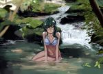  bikini breasts cleavage frog green_eyes green_hair hair_ornament kirisato_itsuki kochiya_sanae large_breasts long_hair nature sitting solo stream swimsuit touhou water wet yokozuwari 