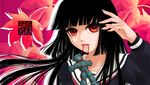  bad_id bad_pixiv_id bangs black_hair black_serafuku blunt_bangs enma_ai hime_cut jigoku_shoujo li_han_moon long_hair mouth_hold red_eyes school_uniform serafuku solo waraningyou 