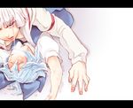  blue_hair bow cirno fujiwara_no_mokou hands ice lips long_hair multiple_girls red_eyes short_hair silver_hair suspenders touhou wet yumiya yuri 