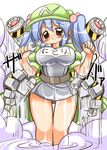  blue_hair blush breasts character_name hair_bobbles hair_ornament hat kawashiro_nitori large_breasts mechanical_arm one-piece_swimsuit open_clothes school_swimsuit science solo swimsuit swimsuit_under_clothes touhou twintails two_side_up wet wrench yuki_hime_haruka 