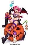  arm_support bat_wings bikini black_footwear black_gloves blue_eyes boots breasts cat ghost gloves halloween hat horns jack-o'-lantern lamp legs medium_breasts open_mouth orange_legwear original pink_hair pumpkin purple_bikini_top purple_legwear ryu_(ryu's_former_site) short_hair sitting skull smile solo star striped striped_bikini_top striped_legwear swimsuit thighhighs underboob wings wizard_hat 