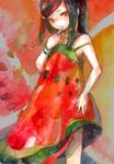  bad_id bad_pixiv_id black_hair child dress food food_themed_clothes fruit nayuko original solo traditional_media watermelon 