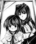  blush greyscale hirama_hirokazu kanon long_hair mirror misaka_kaori misaka_shiori monochrome multiple_girls school_uniform short_hair siblings sisters 