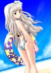  ass beach bikini brown_eyes day dutch_angle hairband idolmaster idolmaster_(classic) innertube long_hair looking_back outdoors ponnetsu shijou_takane silver_hair solo swimsuit 