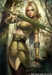  armor blonde_hair breasts cleavage eat0123 green_eyes lips long_hair medium_breasts original solo sword watermark weapon 