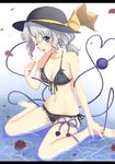 bare_shoulders barefoot bikini blue_eyes breasts cleavage flower food frills front-tie_top grey_hair hat heart heart_of_string kimitoshiin komeiji_koishi letterboxed licking looking_at_viewer medium_breasts one_eye_closed ponytail popsicle ribbon rose silver_hair sitting solo swimsuit touhou wariza water 
