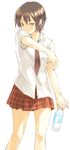  bottle brown_eyes brown_hair copyright_request necktie sakamoto_atsumu school_uniform short_hair skirt solo 