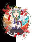  closed_eyes flower green_hair hat kanami_yuu rod_of_remorse shiki_eiki short_hair solo spider_lily touhou 