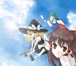  bad_id bad_pixiv_id blonde_hair bow braid broom brown_eyes brown_hair cloud creamfully day detached_sleeves frog green_hair hair_ornament hakurei_reimu hat kirisame_marisa kochiya_sanae multiple_girls short_hair sky snake touhou witch_hat yellow_eyes 