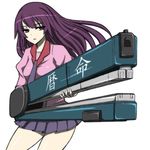  bakemonogatari long_hair miniskirt monogatari_(series) necktie purple_eyes purple_hair school_uniform senjougahara_hitagi skirt solo stapler translated wakame 