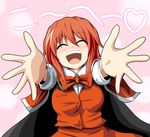  blush bow cape closed_eyes commentary long_sleeves ni_(ippozenshin) okazaki_yumemi open_mouth outstretched_arms red_hair solo touhou touhou_(pc-98) translated 
