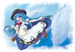  blue_hair cloud day food fruit hat hinanawi_tenshi long_hair midriff peach red_eyes sky solo touhou yuuki._(limit) 