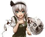  angry aqua_eyes black_hairband ghost grin hairband hitodama horror_(theme) konpaku_youmu konpaku_youmu_(ghost) shimadoriru short_hair silver_hair skull smile solo touhou 