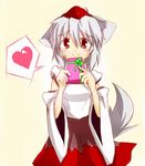  animal_ears blush detached_sleeves gift hat heart holding holding_gift inubashiri_momiji natui red_eyes short_hair silver_hair solo tail tokin_hat touhou wolf_ears wolf_tail 