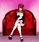 aco_(koaya_ako) amane_(dream_c_club) bow breasts cleavage cleavage_reach couch crossed_legs dream_c_club dream_c_club_(series) expressionless hair_bow hair_ornament hands head_tilt large_breasts mary_janes pink_hair red_eyes shoes sitting solo thighhighs white_legwear 