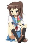  bad_id bad_pixiv_id brown_hair food genderswap genderswap_(mtf) highres kita_high_school_uniform kyonko long_hair maruki_(punchiki) ponytail popsicle school_uniform serafuku solo suzumiya_haruhi_no_yuuutsu watermelon_bar 