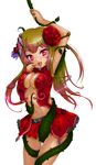  blush breasts cleavage flower highres jewelry midriff monster_girl navel open_mouth piercing red red_eyes reni ring rose simple_background thorns 