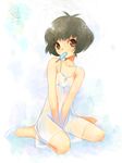  akizuki_ryou barefoot black_hair brown_eyes covering covering_crotch dress ech food idolmaster idolmaster_dearly_stars male_focus mouth_hold non-web_source otoko_no_ko popsicle short_hair sitting solo sundress v_arms 