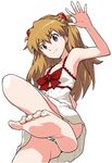  armpits barefoot brown_hair feet from_below hands heriyama jpeg_artifacts long_hair neon_genesis_evangelion panties rebuild_of_evangelion shikinami_asuka_langley smile solo souryuu_asuka_langley striped striped_panties toenails toes underwear 