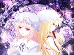  bad_id bad_pixiv_id blonde_hair bow bug butterfly fan hair_bow hat insect kai_aki long_hair multiple_girls pink_eyes pink_hair purple_eyes ribbon saigyouji_yuyuko short_hair touhou yakumo_yukari 