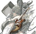  amplifier aqua_eyes blonde_hair braid cable dutch_angle fender frills guitar hat himura_kiseki instrument jazzmaster kirisame_marisa kneehighs long_hair lying on_side plectrum socks solo touhou white_legwear witch witch_hat 