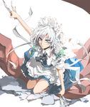  bad_id bad_pixiv_id blue_eyes bow braid dain dress izayoi_sakuya knife maid short_hair solo touhou twin_braids white_hair 