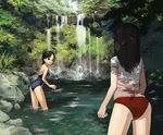  ass black_eyes black_hair buruma forest gym_uniform long_hair multiple_girls nature one-piece_swimsuit original salamander_(jonbonjovi82) scenery see-through shade swimsuit tree tree_shade wading water waterfall 