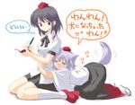  =_= animal_ears bad_id bad_pixiv_id blush detached_sleeves geta grey_hair hat hug inubashiri_momiji marugoshi_(54burger) multiple_girls pen red_eyes shameimaru_aya short_hair silver_hair skirt tail tail_wagging tengu-geta tokin_hat touhou translated wolf_ears wolf_tail 