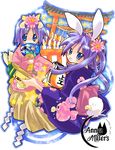  animal_ears blue_eyes bonta-kun bunny_ears bunny_tail dog_ears dog_tail fan festival fish flower full_metal_panic! goldfish highres hiiragi_kagami hiiragi_tsukasa izumi_konata japanese_clothes kimono lantern long_hair lucky_star mask multiple_girls nyanmilla paper_fan purple_hair short_hair tail tail_wagging torii twintails uchiwa yukata 