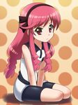  awa bike_shorts blush braid dress hairband kanamemo kujiin_mika long_hair pink_hair polka_dot red_eyes sitting solo 