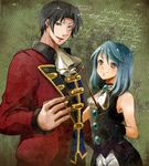  1girl bad_id bad_pixiv_id blue_hair cravat faux_traditional_media formal grey_hair gyakuten_kenji gyakuten_kenji_1 gyakuten_saiban karuma_mei konako lowres mitsurugi_reiji riding_crop suit younger 