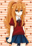  :&lt; aisaka_taiga brown_eyes brown_hair frown highres long_hair neck_ribbon paw_print ponytail ribbon ro_man scowl skirt solo toradora! 