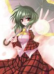  green_hair grin kazami_yuuka magic outstretched_arm outstretched_hand plaid plaid_skirt plaid_vest red_eyes short_hair skirt skirt_set smile solo touhou umbrella utakata_(kochou_no_yume) vest 