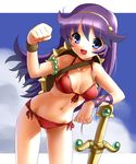  athena_(series) bikini blue_eyes breasts cleavage cowboy_shot day front-tie_top katahira_masashi long_hair medium_breasts princess_athena purple_hair red_bikini shield side-tie_bikini snk swimsuit sword weapon 