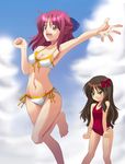  arima_miyako armpits barefoot bikini brown_hair cloud day feet front-tie_top green_eyes hands highres kohaku kohatsuka long_hair melty_blood multiple_girls one-piece_swimsuit orange_eyes red_hair short_hair side-tie_bikini sky swimsuit toes tsukihime 