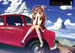  brown_hair car chin_rest cityscape cloud cover cover_page day ground_vehicle headphones kneehighs knees_together_feet_apart mini_cooper motor_vehicle multicolored multicolored_clothes multicolored_legwear on_vehicle original scenery sitting sky socks solo striped striped_legwear tsukigami_runa 