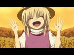  blonde_hair closed_eyes hat letterboxed moriya_suwako ni_(ippozenshin) open_mouth solo torn_clothes touhou 