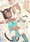  animal_ears bandages bell blue_eyes brown_hair candy choker crayon dark_skin fingerless_gloves food gloves multiple_girls natuwaya original striped stuffed_animal stuffed_toy tail teddy_bear thighhighs yellow_eyes 