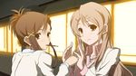  amage_kanade bad_id bad_pixiv_id blush brown_eyes brown_hair candy_boy earrings food hair_ornament hairclip incest jewelry long_hair multiple_girls pocky sakurai_kanade sakurai_yukino school_uniform siblings sisters smile window yuri 