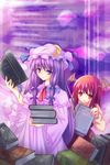  bangs blunt_bangs book_stack demon_girl dress dust head_wings indoors koakuma lens_flare library long_sleeves multiple_girls patchouli_knowledge purple_dress purple_eyes purple_hair red_eyes red_hair succubus touhou upper_body vinashyra voile 