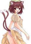  alternate_costume animal_ears ass blush brown_eyes brown_hair cat_ears cat_tail chen fang hat open_mouth panties simple_background smile solo tail touhou underwear utakata_(kochou_no_yume) 