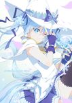  2015 aqua_eyes artist_name bad_id bad_pixiv_id blue_hair character_name fingerless_gloves gloves hair_ribbon hat hatsune_miku highres long_hair one_eye_closed ribbon sakon04 skirt smile snowflakes solo suki!_yuki!_maji_magic_(vocaloid) thighhighs twintails v very_long_hair vocaloid wand witch_hat yuki_miku 