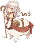  2015 7010 animal_ears bikini_top breasts brown_eyes centauroid cleavage collar commentary_request detached_sleeves horns long_hair medium_breasts monster_girl new_year original sheep_ears smile solo staff white_hair 