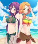  2girls beach bikini blue_sky blush day error girlish_number green_bikini_top green_eyes grey_skirt groin hand_holding hand_up katakura_koto long_hair looking_at_viewer multiple_girls navel ocean orange_hair purple_eyes purple_hair ramu_(taka1995) shibasaki_kazuha skirt sky smile standing swimsuit very_long_hair yellow_bikini_top 