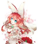  blue_eyes clover dress elphelt_valentine flower gloves guilty_gear guilty_gear_xrd nekomoto petals pink_hair ribbon rose rose_petals short_hair solo spikes tongue tongue_out veil 