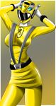  3 belt breasts engine_sentai_go-onger go-on_yellow hands_on_head legs number pose posing queen_vegeta_69 rouyama_saki sentai skirt standing super_sentai 