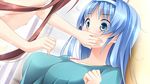  1girl blue_eyes blue_hair blush breasts clothed_female_nude_male door game_cg hairband highres kimishima_ao large_breasts long_hair looking_away mitsu_king ninomiya_mikoto nipples nude open_mouth otome_ga_kanaderu_koi_no_aria standing tsukahara_izumi zinno 